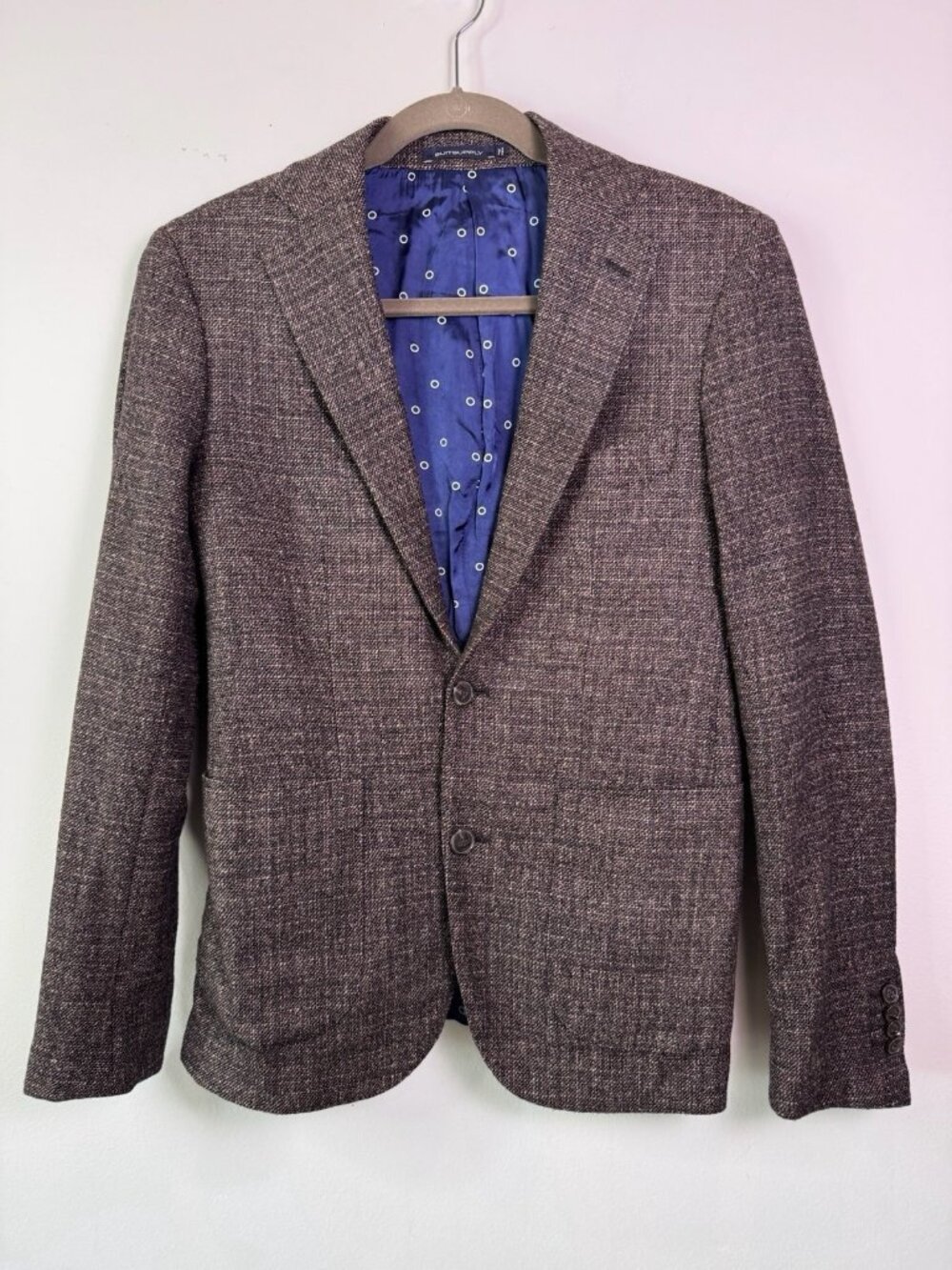 Suitsupply 100% Wool Brown Blazer Plaid Men Blue Lining 36R